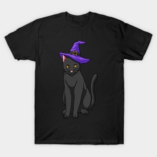 Black Cat Wearing Witches Hat Halloween Scary T-Shirt